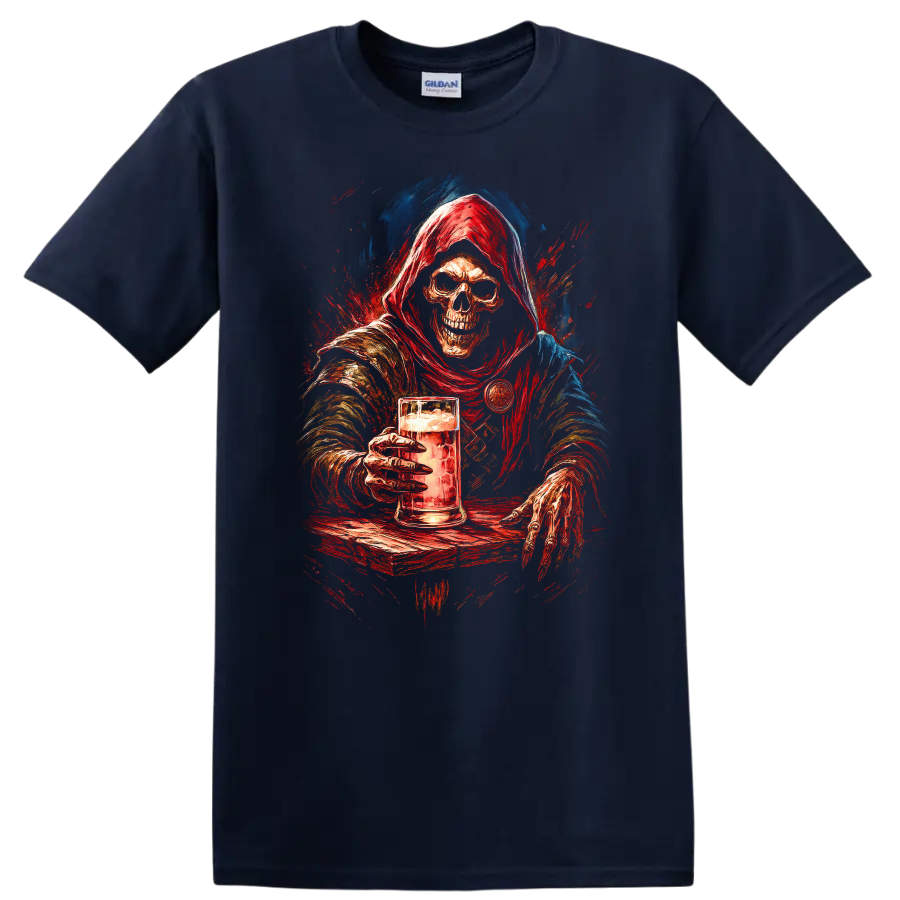 Hooded skeleton holding a beer mug in distressed red and blue gothic art on a Navy (Blue) T Shirt