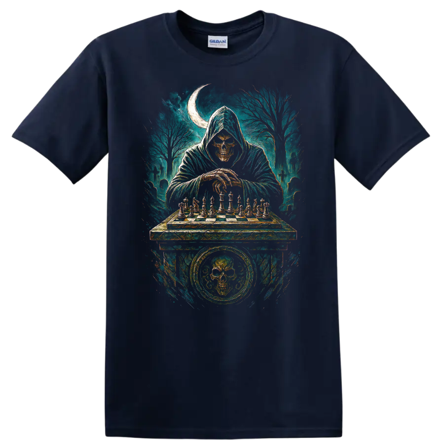 Hooded skull playing chess in a moonlit graveyard gothic illustration on a Navy (Blue) T Shirt