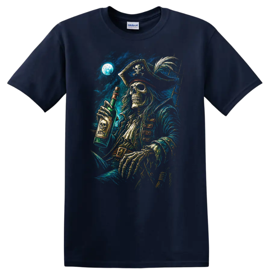 Moonlit skeletal pirate holding a rum bottle in detailed vintage gothic sea art on a Navy (Blue) T Shirt