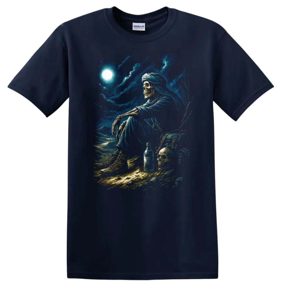 Moonlit skeleton wanderer with skulls, chest, and stormy gothic nightscape on a Navy (Blue) T Shirt