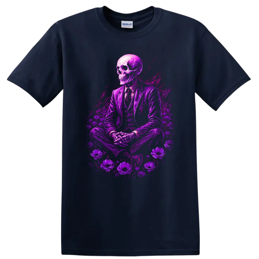 Purple skeleton in suit surrounded by flowers in vintage gothic illustration on a Navy (Blue) T Shirt