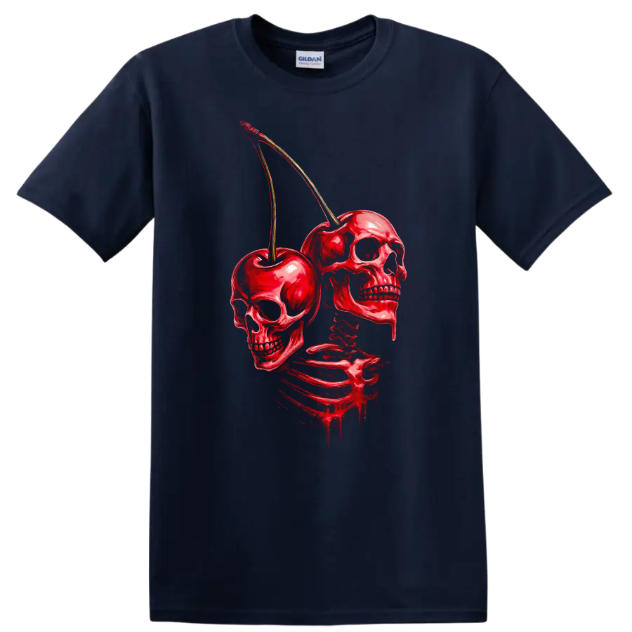 Red skeleton with skulls and cherries in a distressed vintage gothic illustration on a Navy (Blue) T Shirt