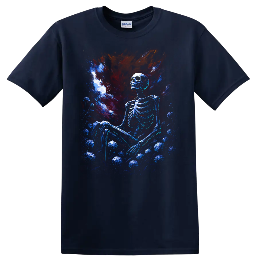 Blue skeleton seated in a dark floral garden beneath a dramatic gothic painted sky on a Navy (Blue) T Shirt