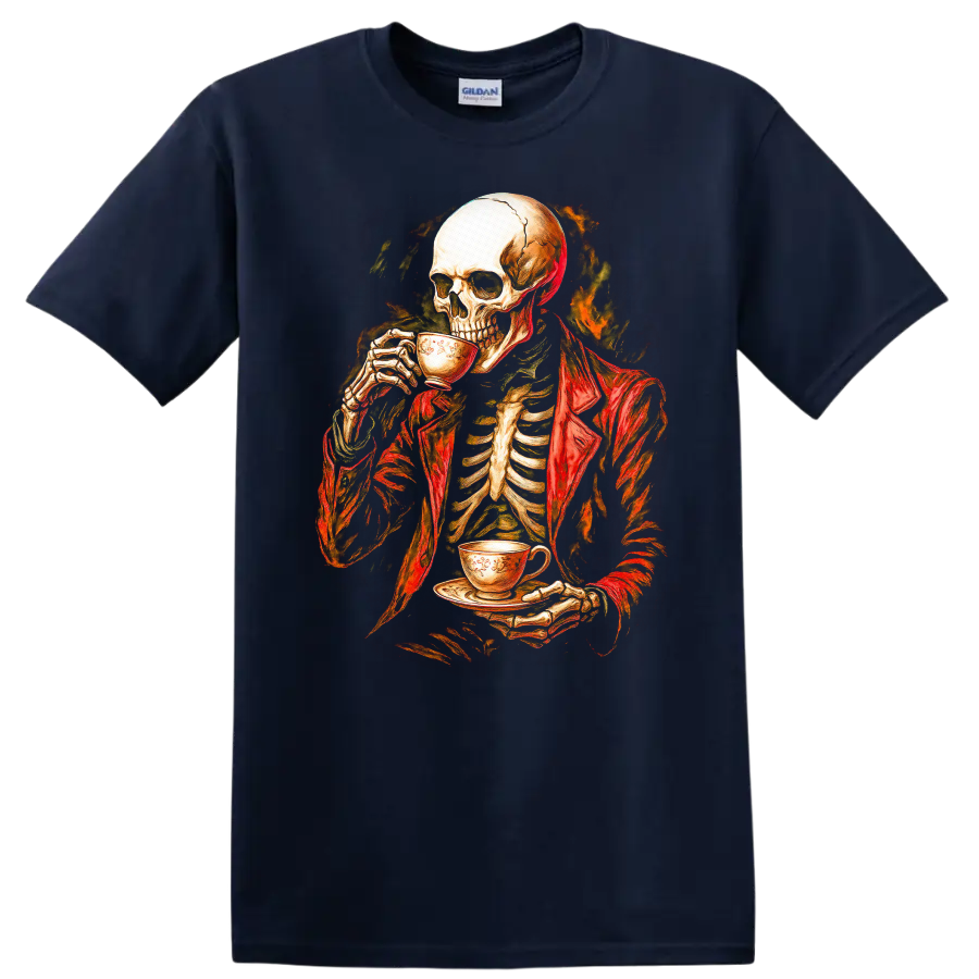 Vintage gothic skeleton in a red jacket drinking tea with a fiery dark backdrop on a Navy (Blue) T Shirt