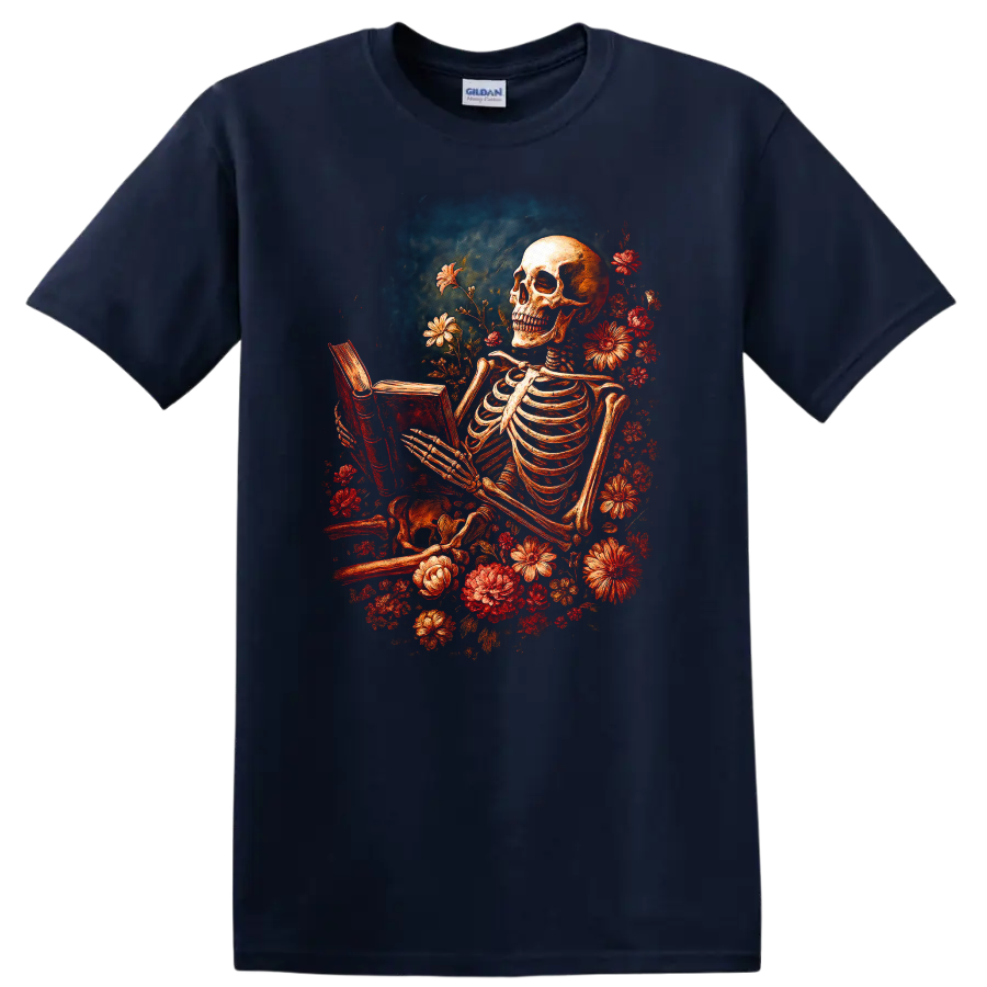 Vintage gothic skeleton reading a book surrounded by red flowers on a Navy (Blue) T Shirt