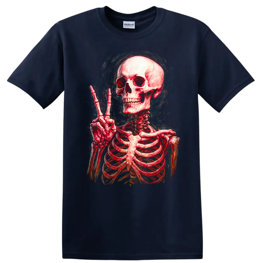 Vintage red skeleton skull making a peace sign in smoky gothic illustration style on a Navy (Blue) T Shirt