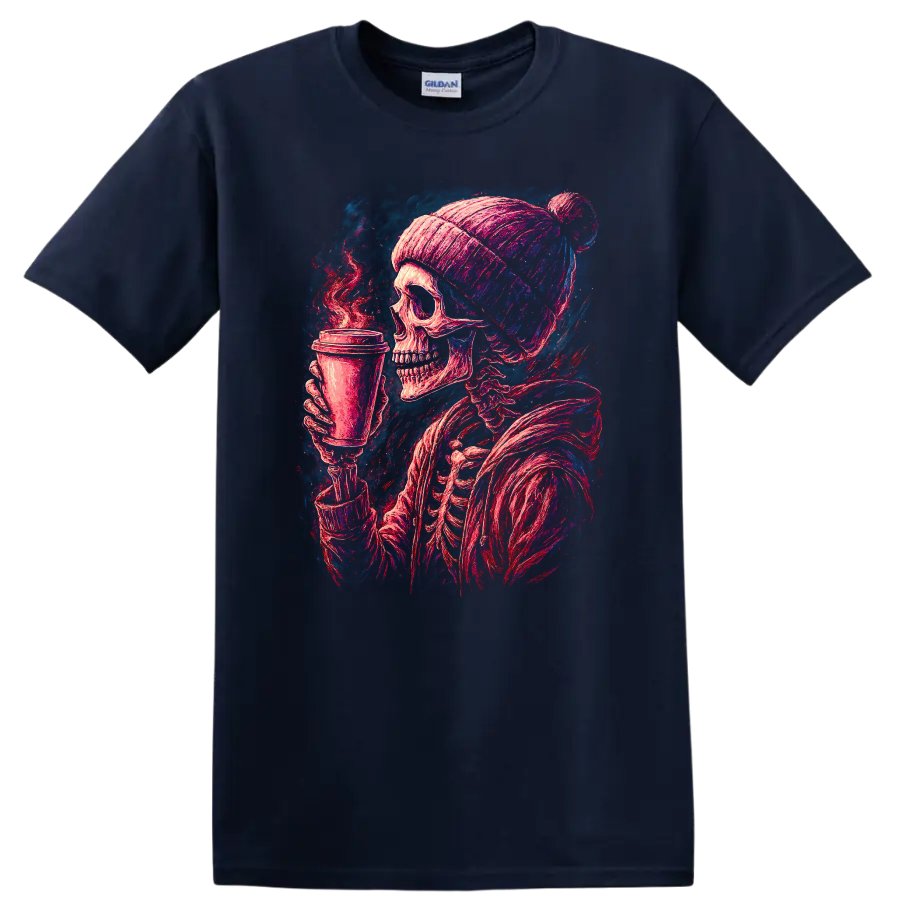 Vintage gothic skeleton in a beanie holding a steaming coffee cup on a Navy (Blue) T Shirt