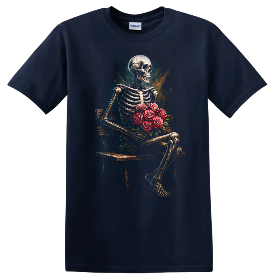 Vintage gothic skeleton holding red roses on a bench in distressed floral art on a Navy (Blue) T Shirt