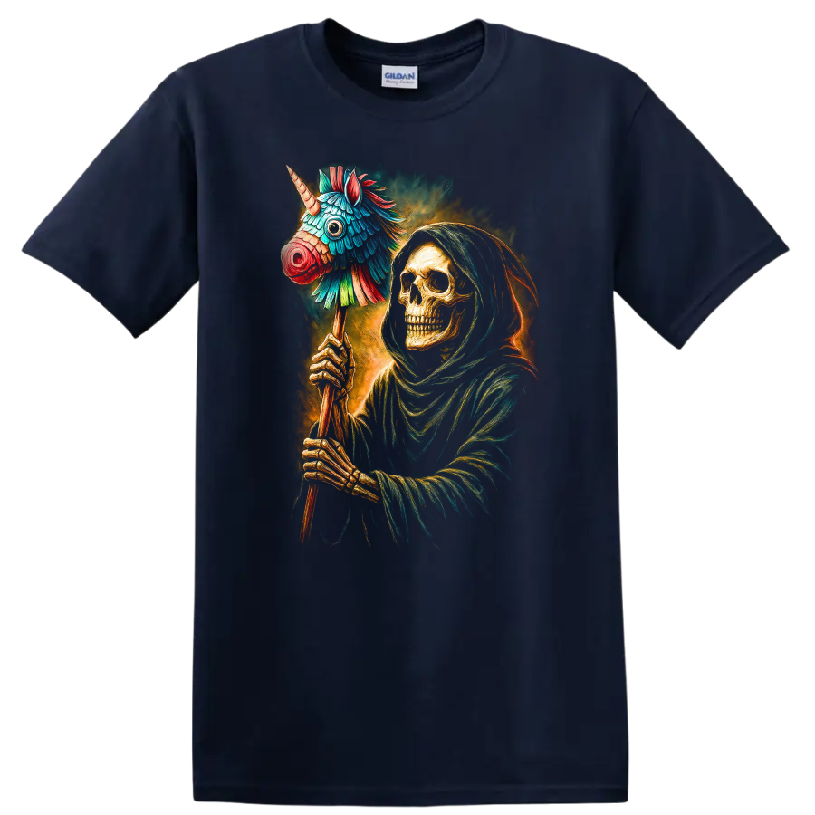 Hooded skeleton holding a colorful unicorn piñata in a vivid gothic illustration on a Navy (Blue) T Shirt