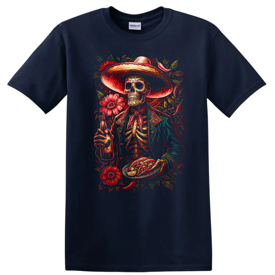 Vintage gothic skeleton in sombrero with tacos, bottle, and red flowers on a Navy (Blue) T Shirt