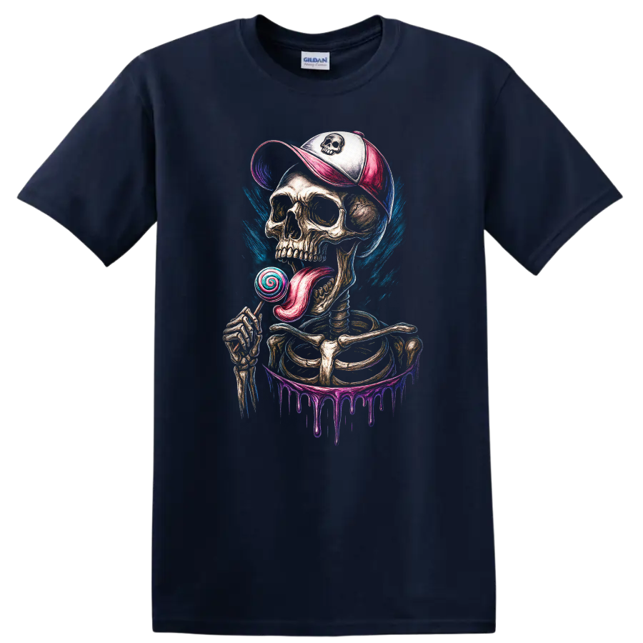 Gothic skeleton skull in cap licking a spiral lollipop with colorful paint drips on a Navy (Blue) T Shirt
