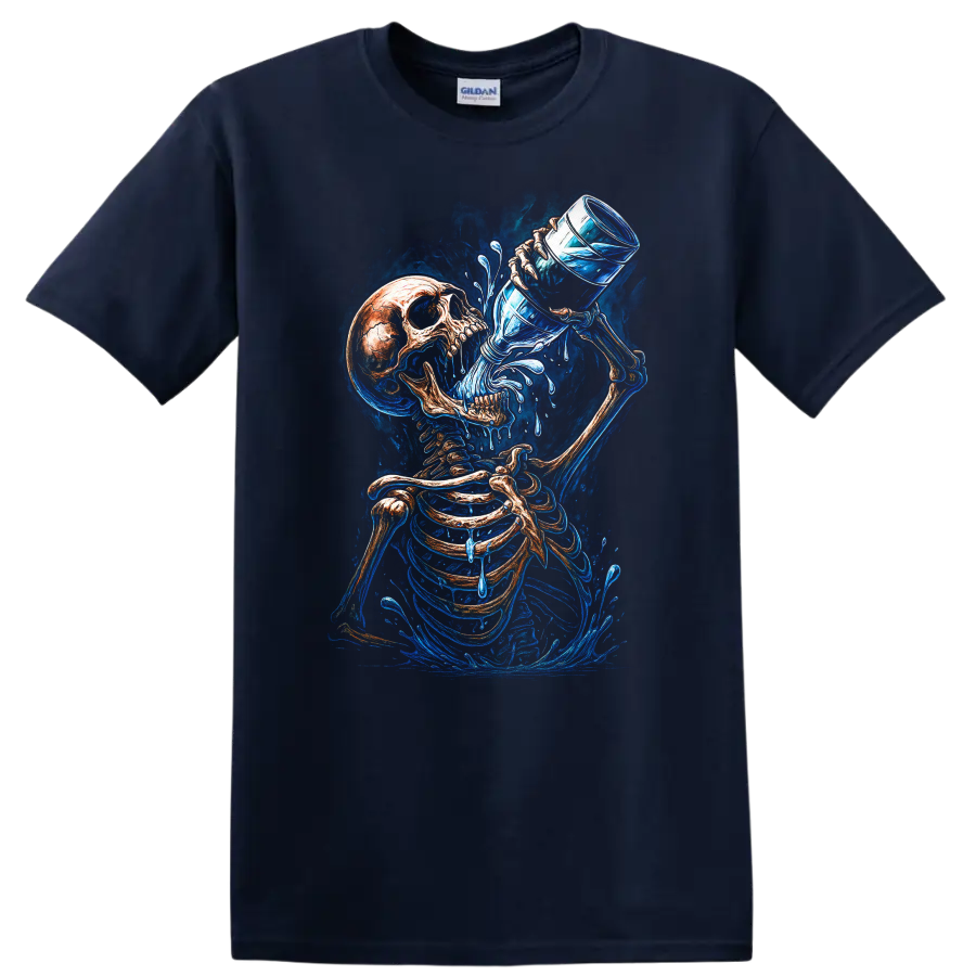 Vintage gothic skeleton drinking water with vivid blue splashes and skull art on a Navy (Blue) T Shirt