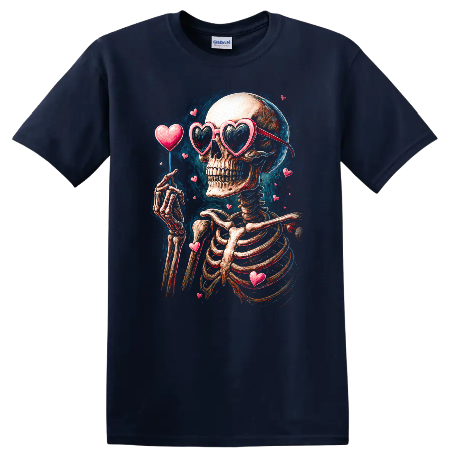 Vintage gothic skeleton in heart sunglasses surrounded by floating hearts on a Navy (Blue) T Shirt