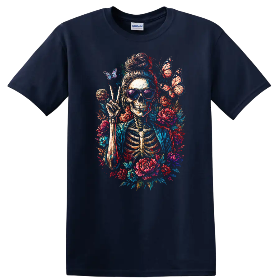 Vintage skeleton in sunglasses making a peace sign with flowers and butterflies on a Navy (Blue) T Shirt