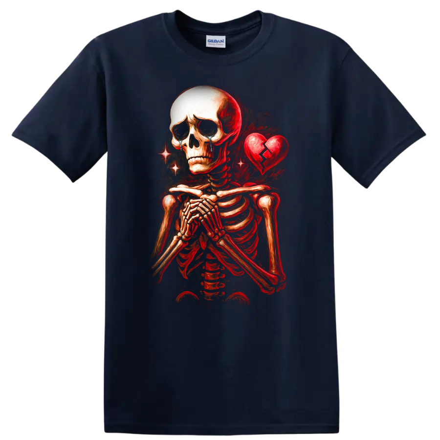 Crying skeleton with clasped hands and cracked heart in vintage gothic art on a Navy (Blue) T Shirt