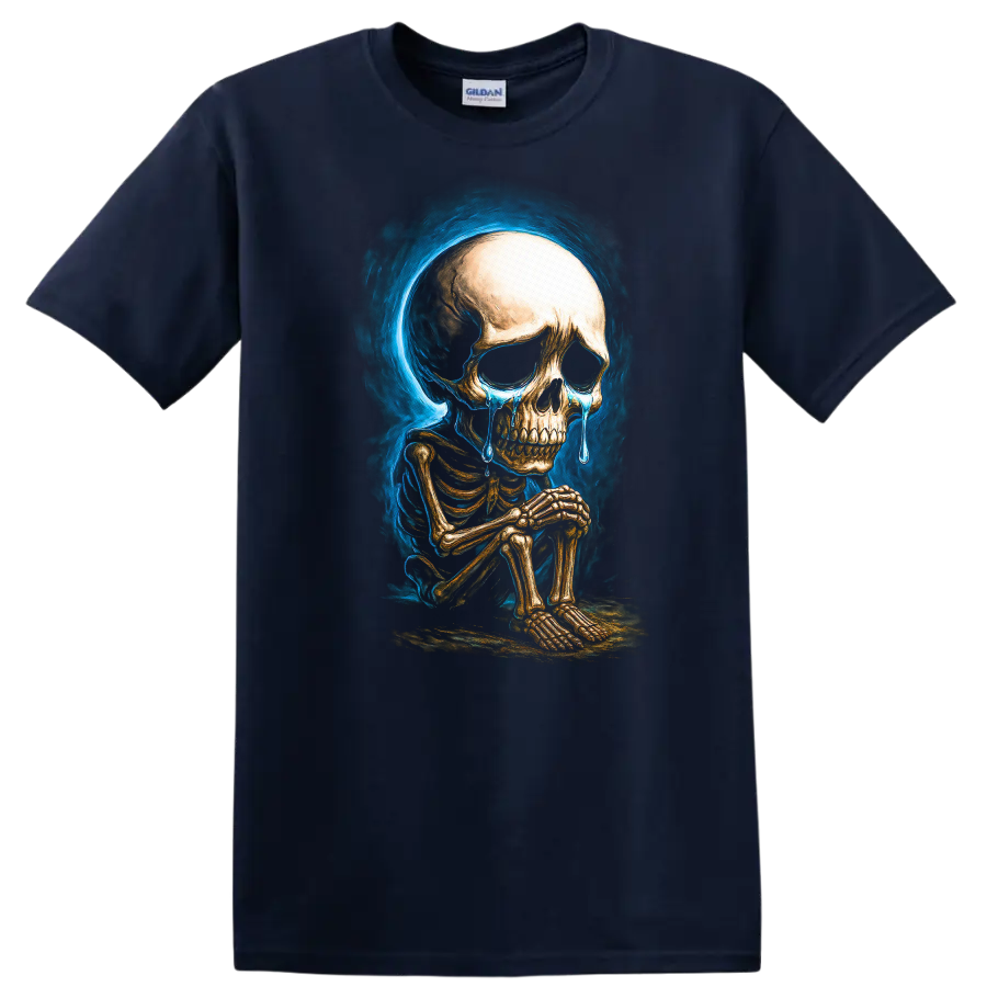 Crying seated skeleton with blue tears and smoky gothic skull artwork on a Navy (Blue) T Shirt