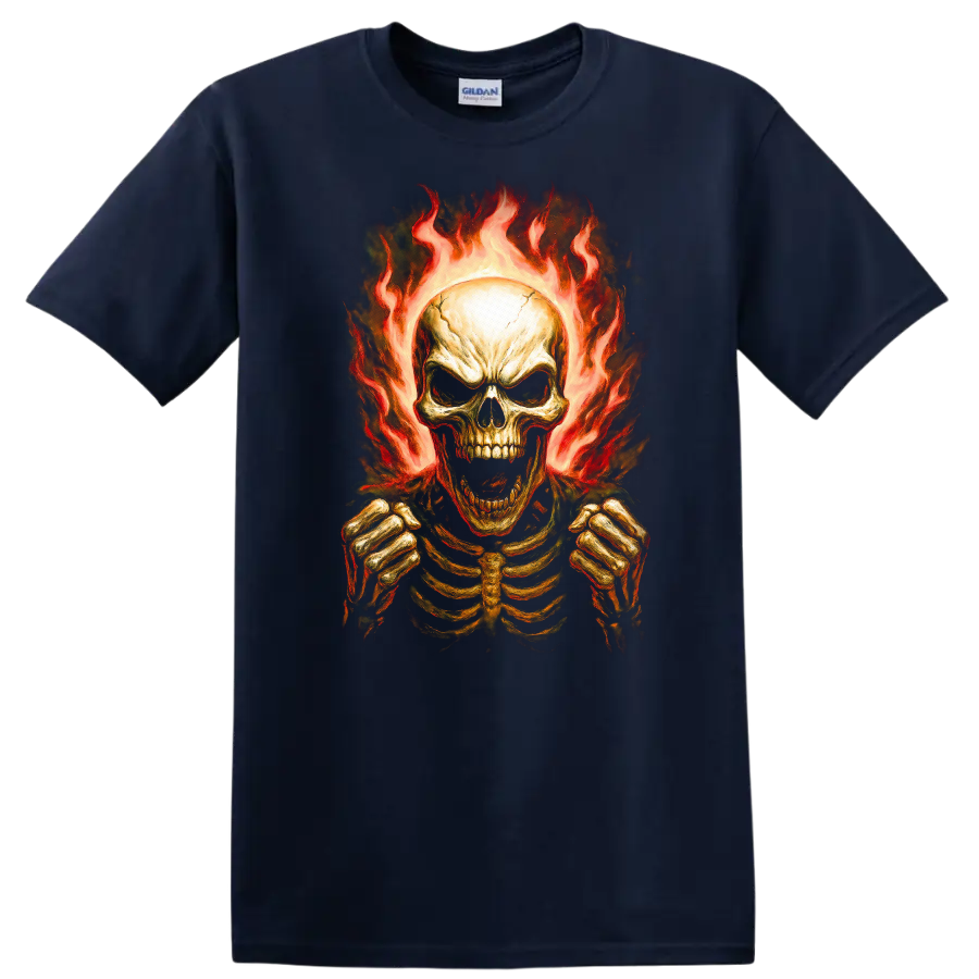 Vintage gothic flaming skeleton skull with rib cage and clenched hands on a Navy (Blue) T Shirt