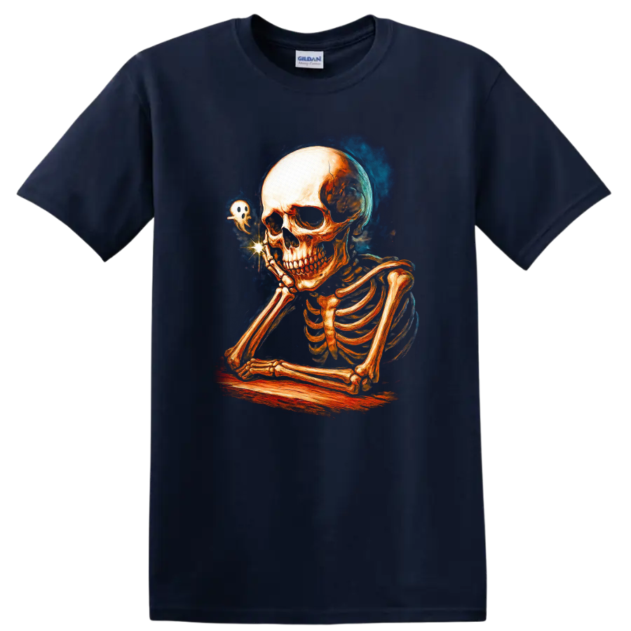Contemplative skeleton with a tiny ghost in vintage Gothic illustration on a Navy (Blue) T Shirt