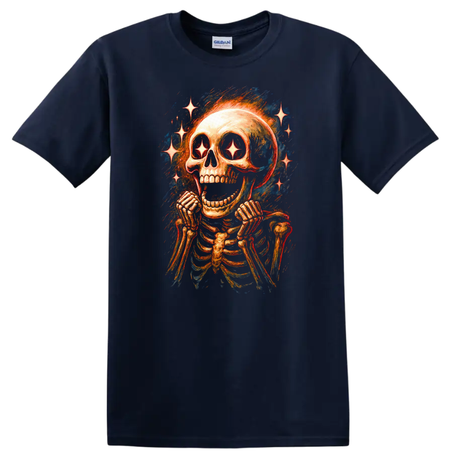 Vintage gothic grinning skeleton skull with sparkling star eyes and radiant stars on a Navy (Blue) T Shirt