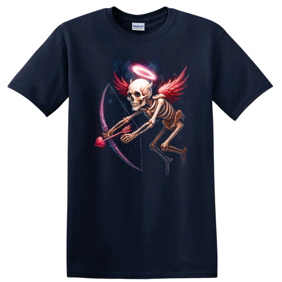 Winged skeleton archer with halo, red wings, and heart-shaped bow in gothic art on a Navy (Blue) T Shirt