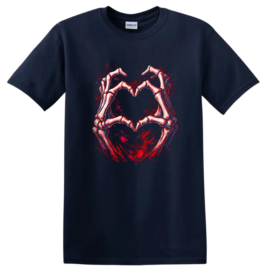 Skeletal hands forming a heart in distressed red and black gothic art on a Navy (Blue) T Shirt