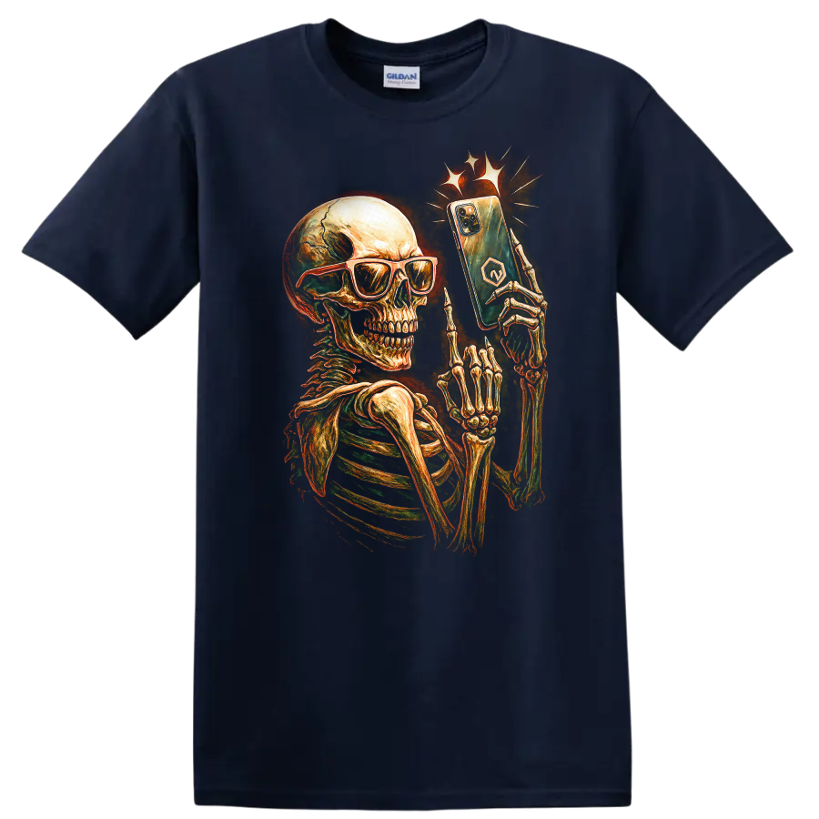 Vintage skeleton in sunglasses holding a smartphone gothic graphic print on a Navy (Blue) T Shirt