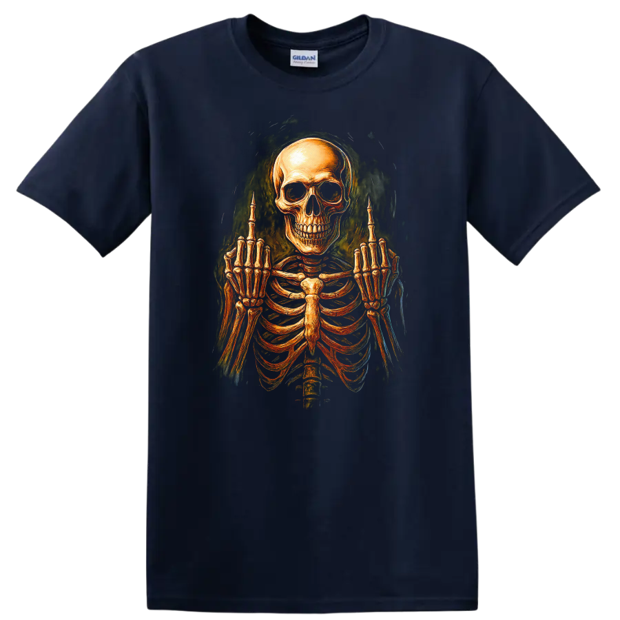 Vintage gothic skeleton skull and rib cage graphic with raised middle-finger hands on a Navy (Blue) T Shirt
