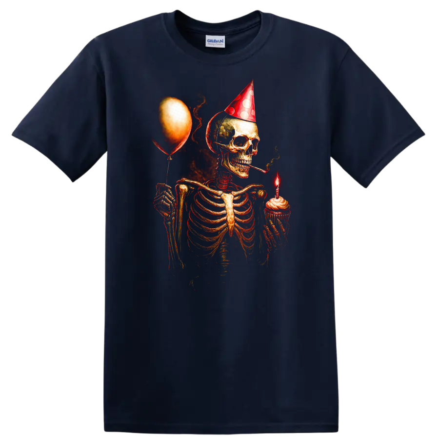 Vintage gothic skeleton in party hat holding a cupcake candle and balloon on a Navy (Blue) T Shirt