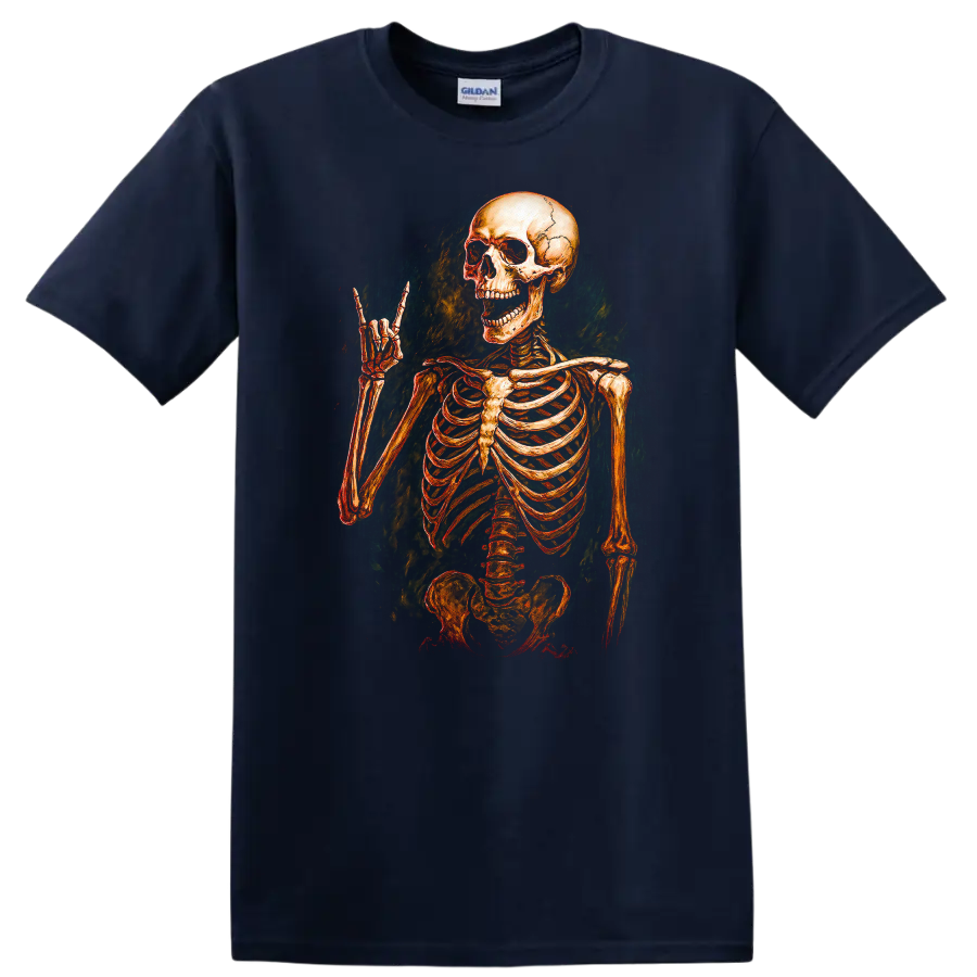 Vintage grinning skeleton raising a horn hand in distressed gothic illustration on a Navy (Blue) T Shirt