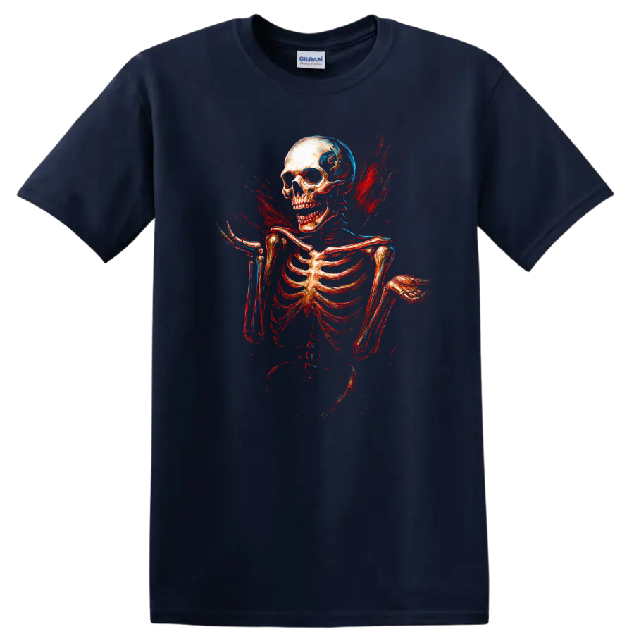 Vintage skull and skeleton graphic with red and blue gothic splatter on a Navy (Blue) T Shirt
