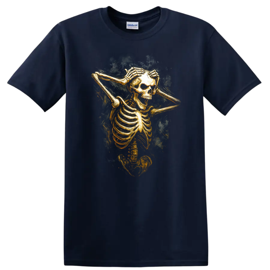 Vintage gothic skeleton skull illustration with hands framing its face on a Navy (Blue) T Shirt