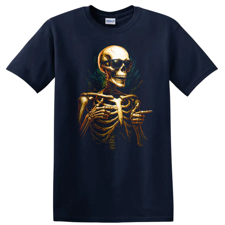 Vintage gothic skeleton in sunglasses pointing, with smoky teal flame-like artwork on a Navy (Blue) T Shirt
