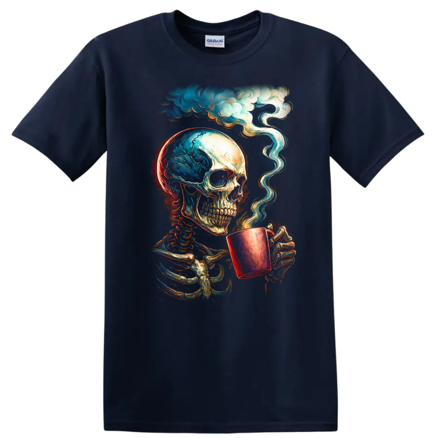 Vintage gothic skeleton skull holding a steaming cup beneath swirling clouds on a Navy (Blue) T Shirt