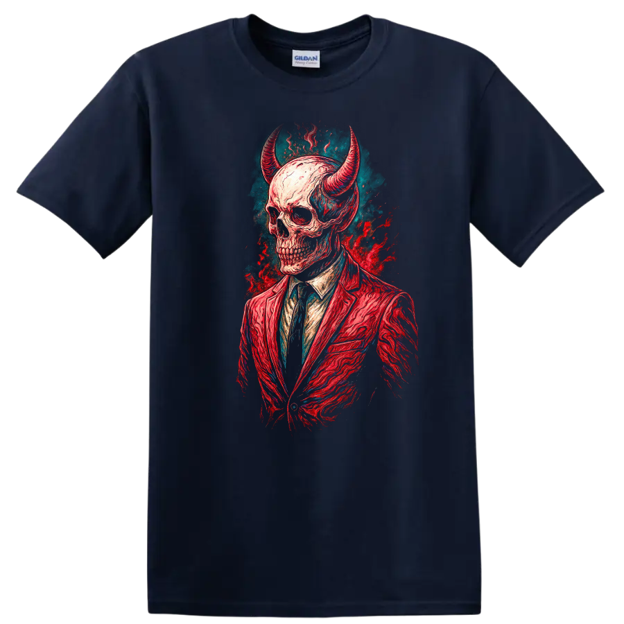 Horned skull in red suit, vintage gothic illustration with teal and red splashes on a Navy (Blue) T Shirt