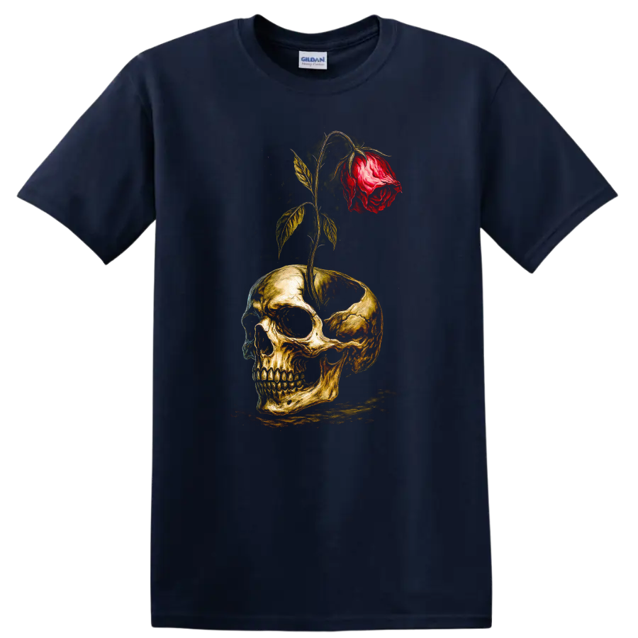Vintage gothic skull graphic with a red rose growing through the top on a Navy (Blue) T Shirt