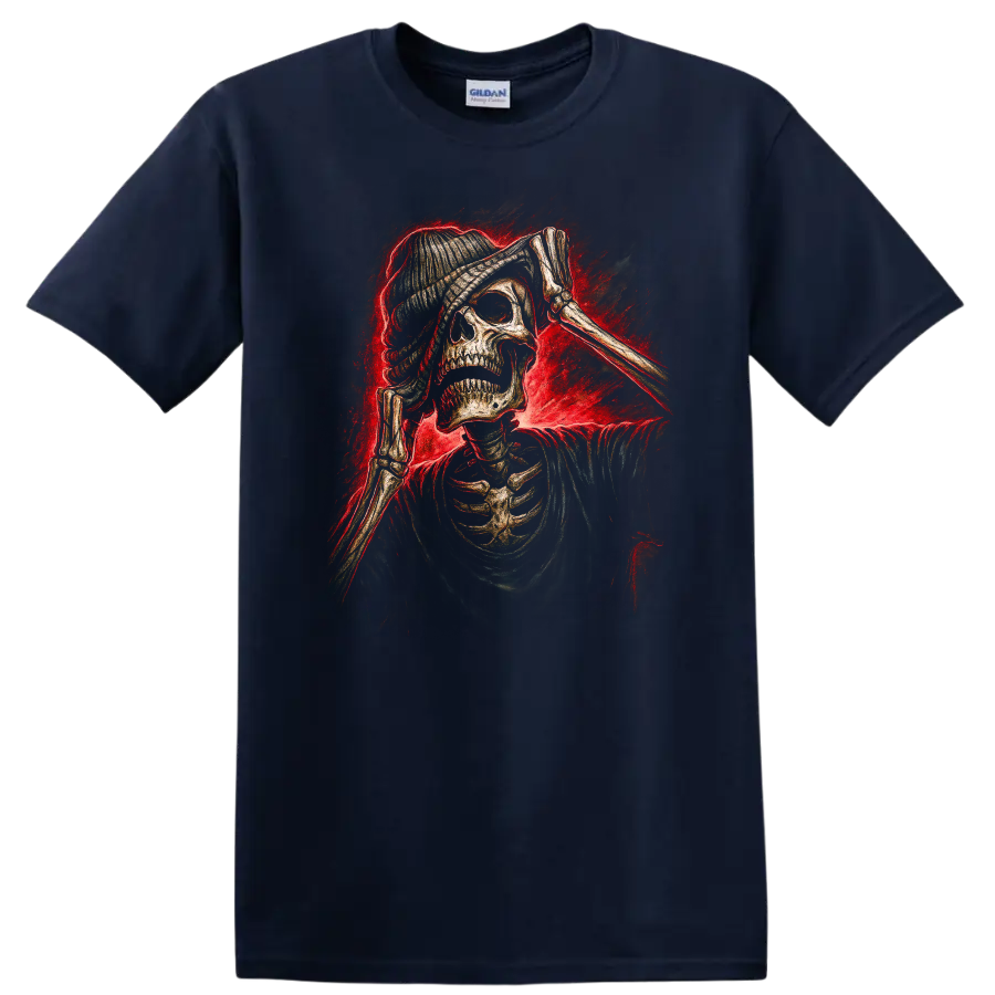 Vintage gothic skeleton skull in beanie with bony hands and red smoky glow on a Navy (Blue) T Shirt
