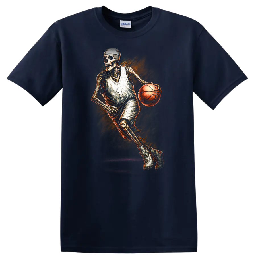 Vintage gothic skeleton basketball player dribbling with fiery orange artwork on a Navy (Blue) T Shirt