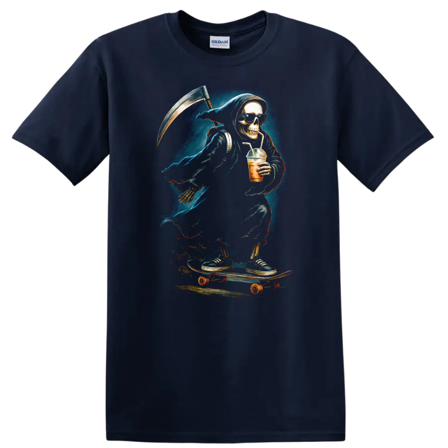 Vintage gothic Grim Reaper skeleton in sunglasses skating with a scythe and iced drink on a Navy (Blue) T Shirt