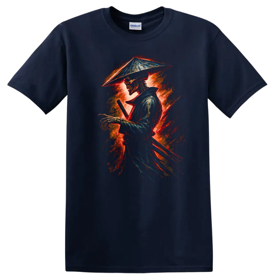 Fiery vintage-style skeleton samurai swordsman graphic in a conical hat on a Navy (Blue) T Shirt