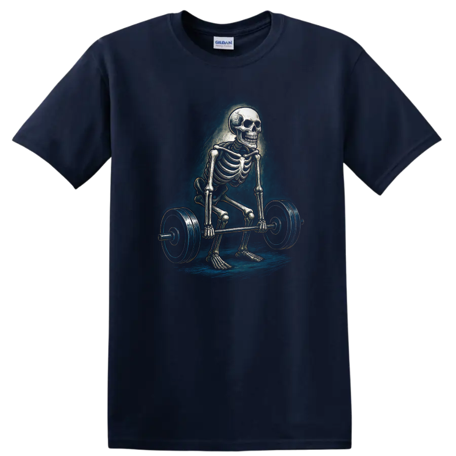 Vintage gothic skeleton performing a barbell deadlift graphic on a Navy (Blue) T Shirt