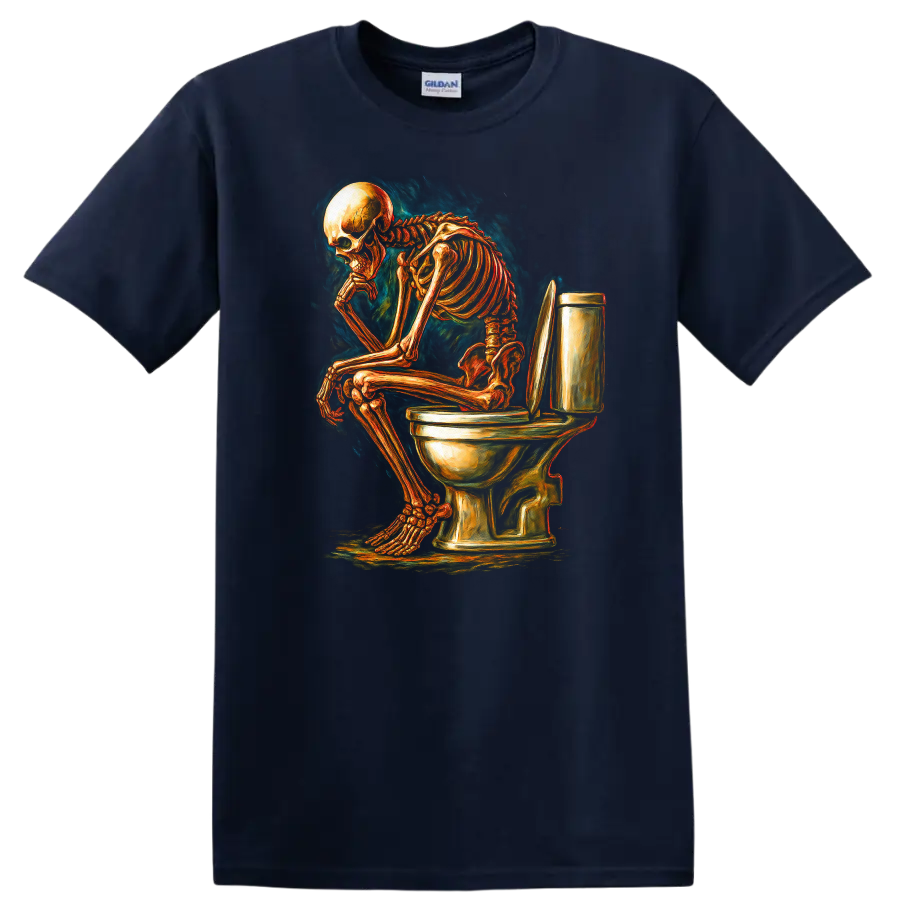 Vintage gothic skeleton sitting on a toilet in detailed dark humor artwork on a Navy (Blue) T Shirt