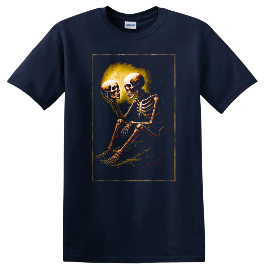 Vintage gothic skeleton holding a skull in a moody dark art illustration on a Navy (Blue) T Shirt