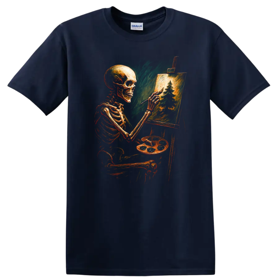 Vintage gothic skeleton artist painting an evergreen forest on an easel on a Navy (Blue) T Shirt