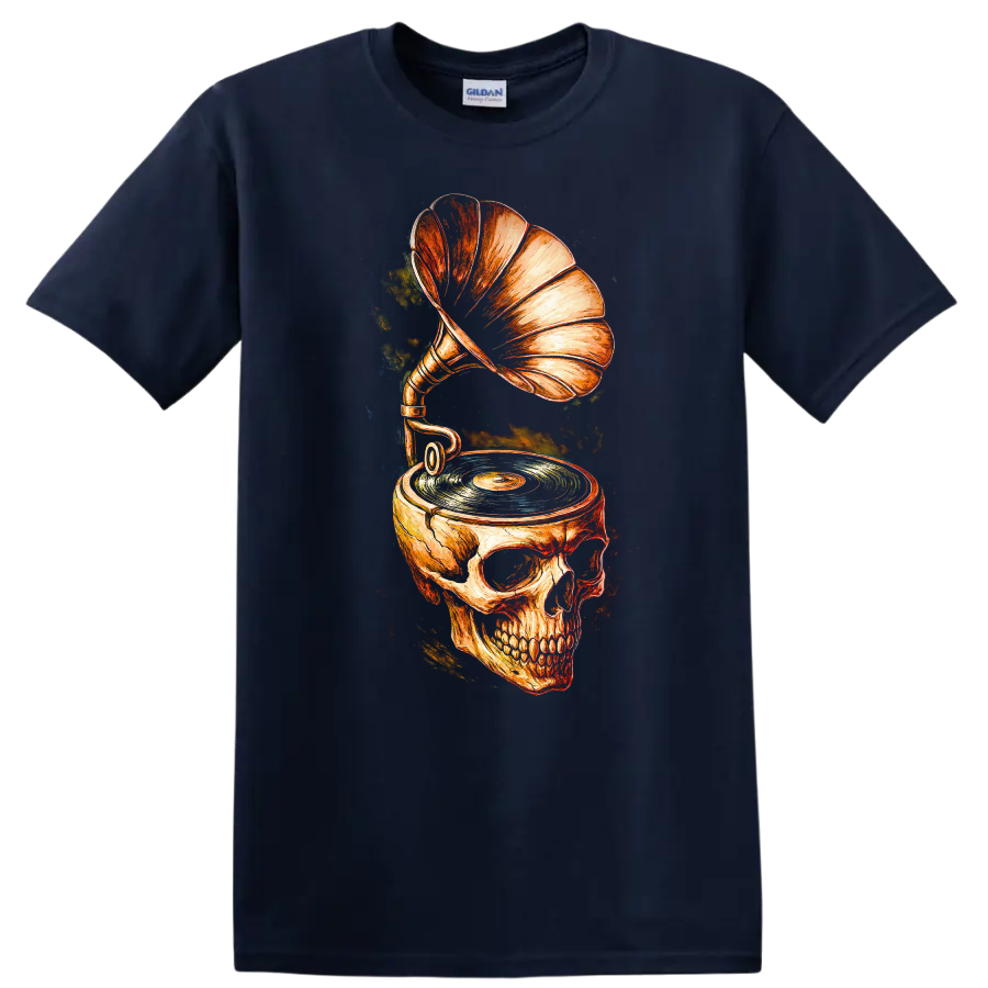 Vintage skull gramophone and turntable graphic with vinyl record on a Navy (Blue) T Shirt