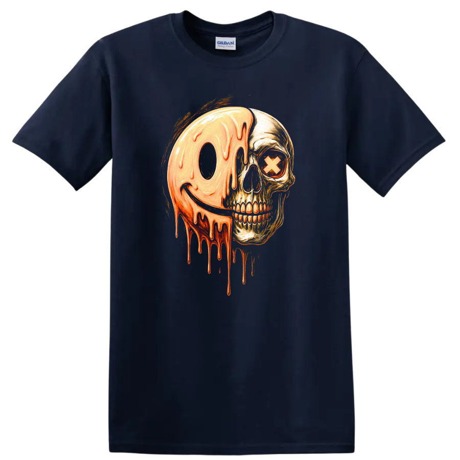 Vintage gothic skull with a melting orange smiley face and X eye graphic on a Navy (Blue) T Shirt
