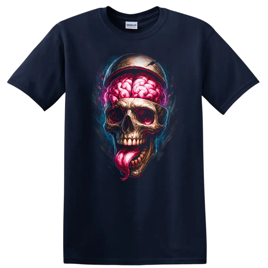 Exposed brain skull with pink tongue in vivid gothic horror illustration on a Navy (Blue) T Shirt