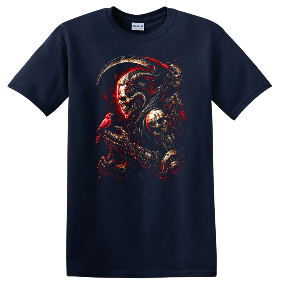 Mechanical skeleton reaper with skull armor, red bird, and fiery gothic art on a Navy (Blue) T Shirt