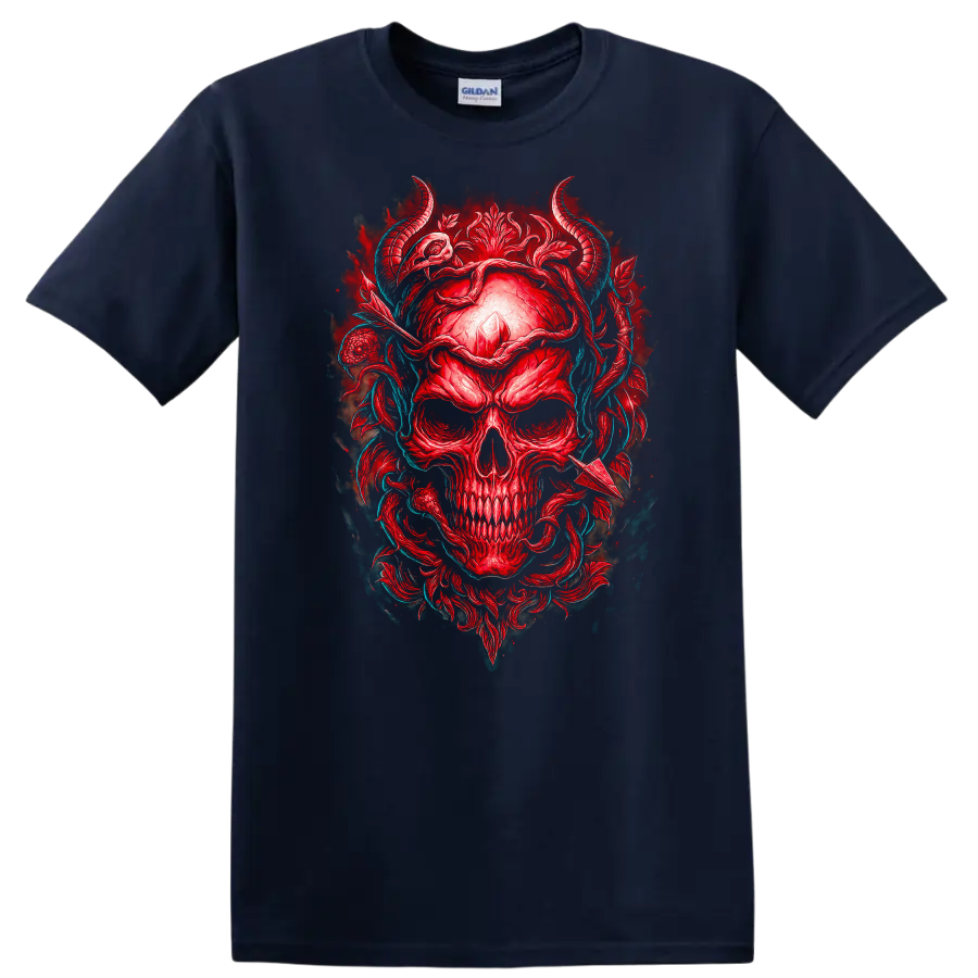 Red horned skull with crystal, gothic floral ornament, and teal vines on a Navy (Blue) T Shirt