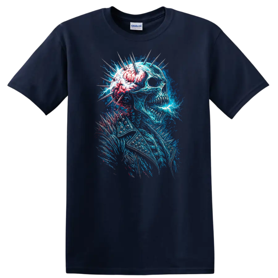 Electric blue skull with exposed brain, spikes, and gothic horror energy art on a Navy (Blue) T Shirt