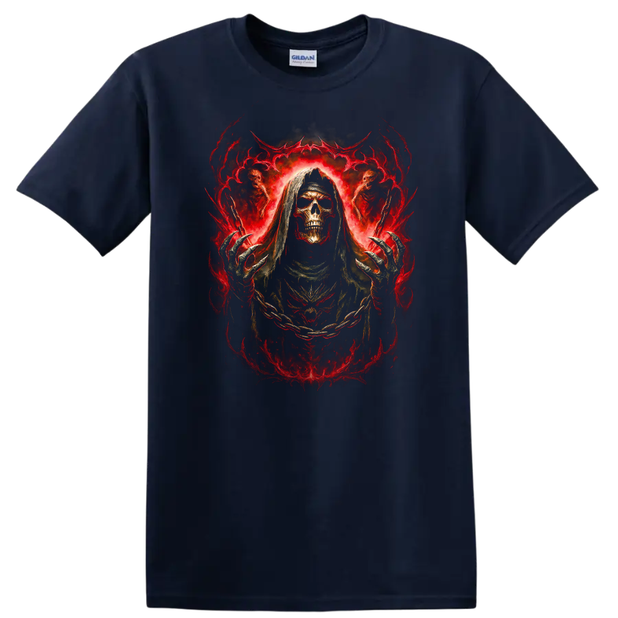 Hooded skull Grim Reaper in fiery red gothic horror artwork on a Navy (Blue) T Shirt